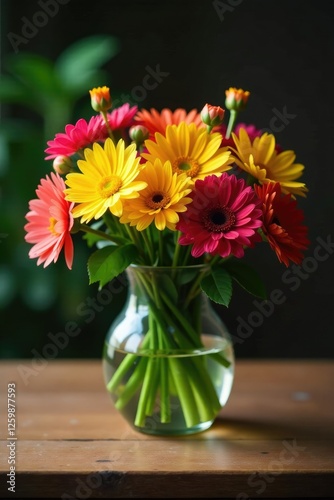 Wallpaper Mural Colorful flower bouquet in a glass vase on a wooden table, wood, green, foliage Torontodigital.ca