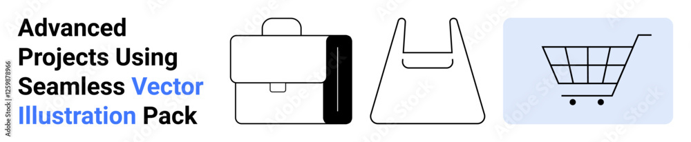 Briefcase, shopping bag, and cart icons in simplified style. Ideal for retail, e-commerce, business, logistics, marketing branding and packaging concepts. Perfect flat landing page banner Briefcase, shopping bag, and cart icons in simplified style. Ideal for retail, e-commerce, business, logistics, marketing branding and packaging concepts. Perfect flat landing page banner