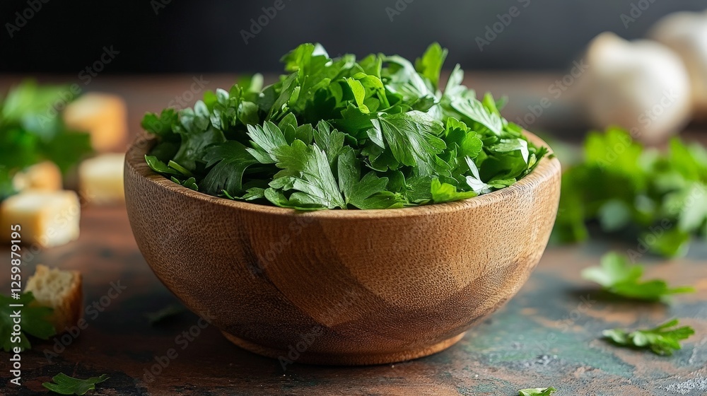 A wooden bowl filled with fresh cilantro leaves, surrounded by more herbs and croutons. A wooden bowl filled with fresh cilantro leaves, surrounded by more herbs and croutons.
