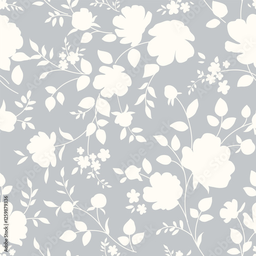 Seamless pattern with abstract garden flower, stem, bud and leaf silhouette. Gray background with blossoming flower. Vintage floral hand drawn wallpaper. Vector stock illustration.