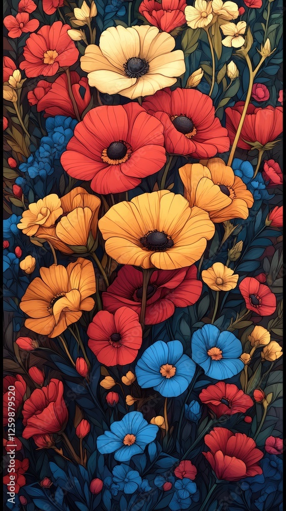 Naklejka premium Vibrant floral arrangement featuring red, yellow, and blue flowers against a dark background