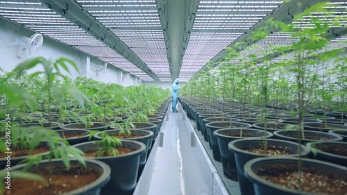 crane Shot rise up of cannabis farm long aisles along with many cannabis trees on the side, alternative medicinal business industry, full option in door growing space, thc cbd, indica sativa strains