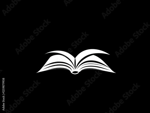 A simple illustration of an open book with pages spread out against a black background.