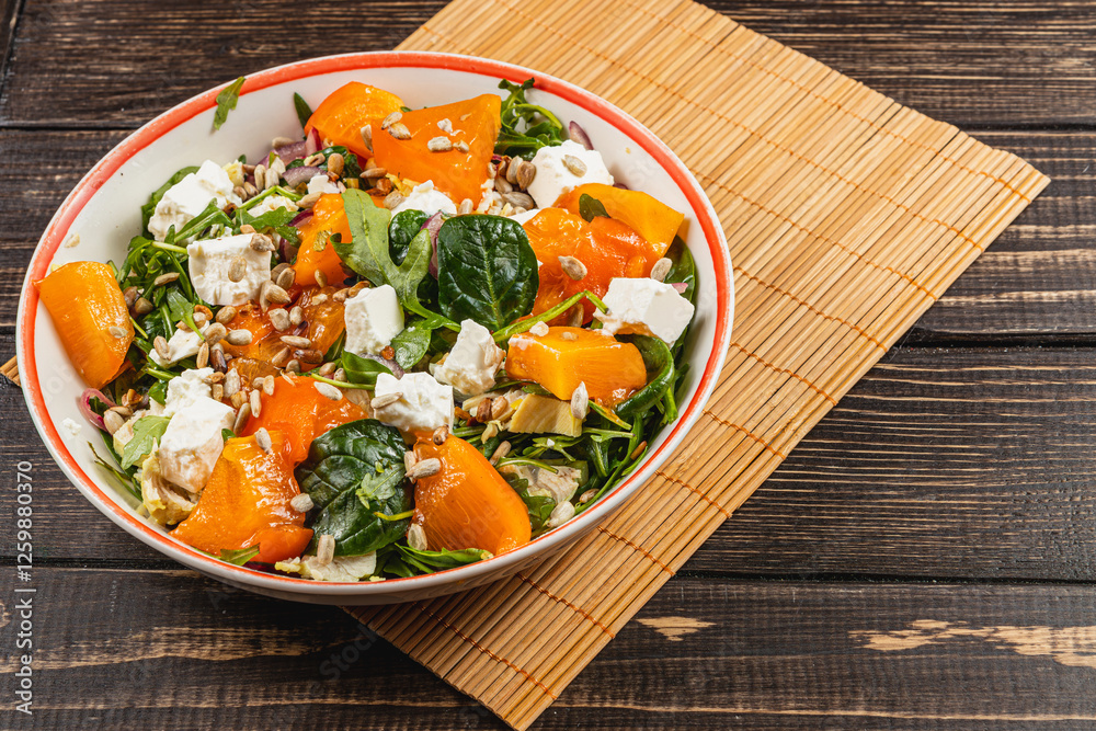Delicious salad with persimmon, chicken, and feta cheese topped with seeds Delicious salad with persimmon, chicken, and feta cheese topped with seeds