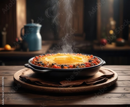 Steaming plate of fettah on a dark wooden table, crispy bread, oriental dish photo