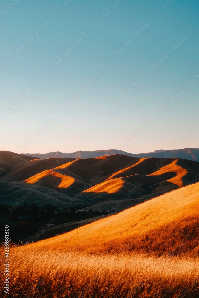Obraz premium Golden hills glow at sunset, grassy foreground, for nature, outdoors, calmness