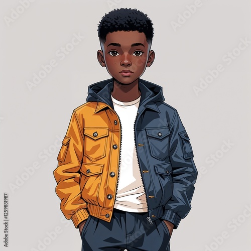 Black boy short hair jacket and trousers cartoon illustration on plain white background