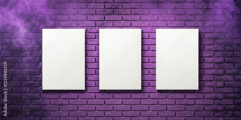 Three blank vertical canvas frame on old purple brick wall with soft smoke effect Three blank vertical canvas frame on old purple brick wall with soft smoke effect