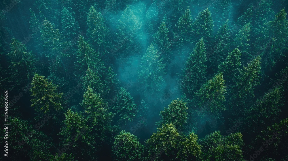 Fototapeta premium Aerial view of dense evergreen forest shrouded in mist, showcasing nature's tranquility