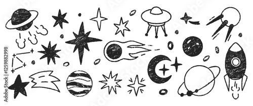 Doodle illustration of space, planets, stars and sun with crayon, pencil or chalk texture. Hand drawn cartoon illustration for kids. Pastel vector illustration on a white background.