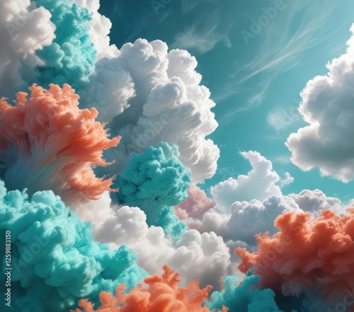 Swirling cloud formations of turquoise and coral colors, freeform, abstract