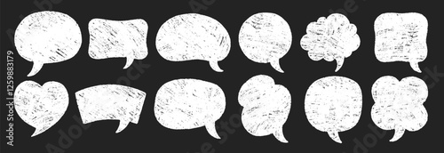 Set of hand drawn grunge crayon, charcoal, chalk speech bubbles in doodle style. Text boxes on a black background.