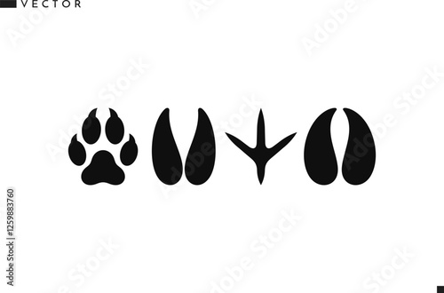 Animal paw prints icon set. Isolated wolf bull cow goat rooster bison and fox paw prints 