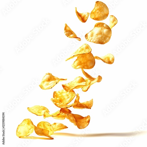 fried potato chips falling, white background