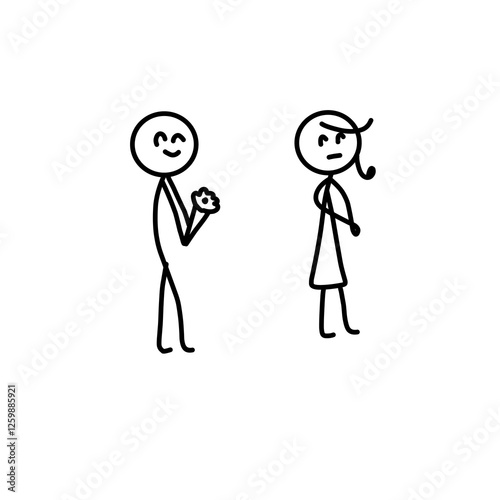 Vector illustration of a stickman giving flowers but getting rejected
