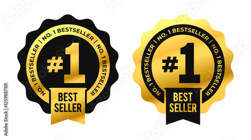 Number 1 Best seller vector badges with ribbon. Luxury elegant black and gold labels. For icon, logo, sign, seal, symbol, stamp, sticker. Vector illustration