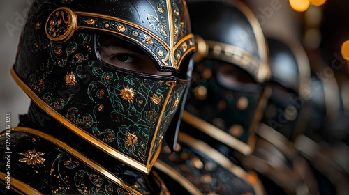  a close up of a man wearing a helmet and armor, with a blurred background He is wearing a full suit of armor, complete with a helmet, breastplate, and gauntlets H photo