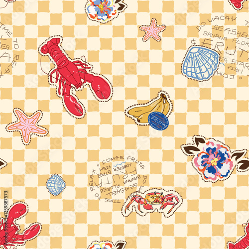 Hand Draw Hawaii Beach Print Seamless Pattern Art, Sealife Animal Lobster Crab Seashell And Flower Fruit Banana Wallpaper Background Print  