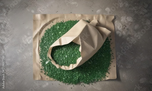 Top view of a bag filled with green biodegradable plastic granules, organic waste, nature, garbage, renewable, pollution