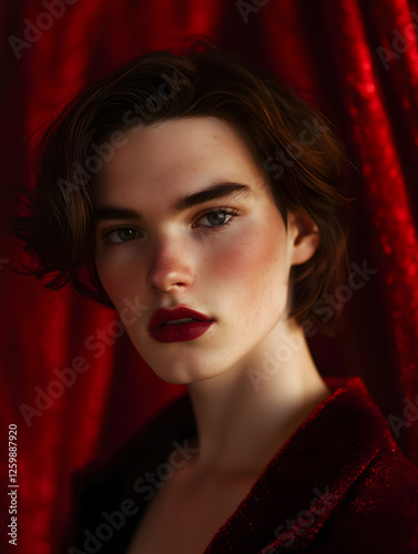 Portrait of a model with striking features and rich red background during a fashion shoot in a studio setting