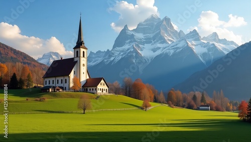 A picture with the Maria Gern Church and the Hochkalter mountain in the background. photo