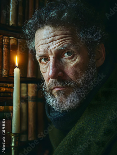 Portrait of a thoughtful man with a candle in a library surrounded by vintage books in a dimly lit setting photo