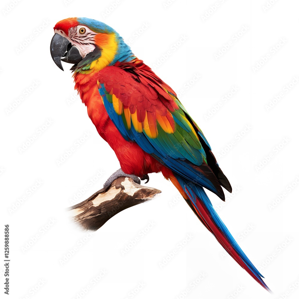 Fototapeta premium Vibrant Scarlet Macaw Parrot Perched on Branch Isolated on White Background