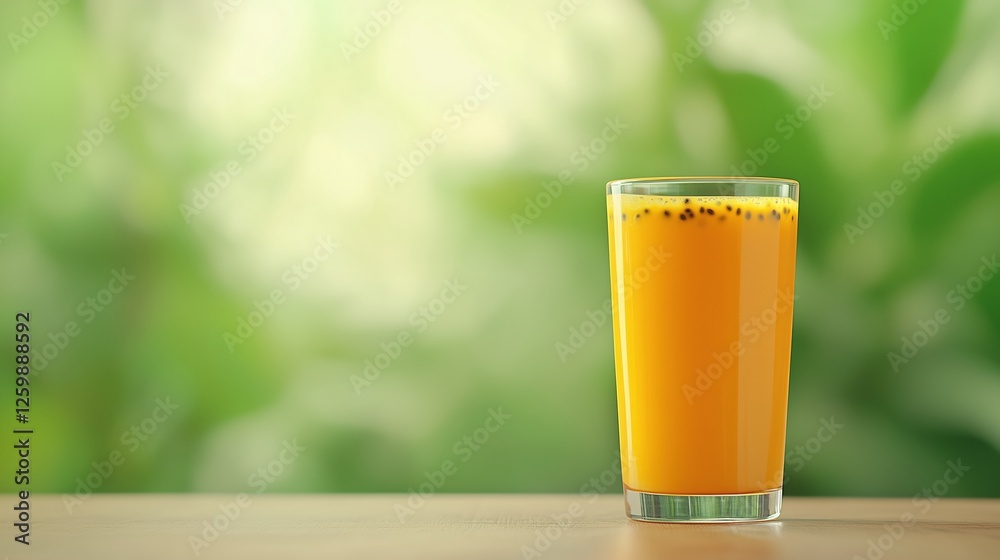 Glass of passion fruit juice with black seeds placed on a wooden surface with green blurred background. Healthy tropical drink Glass of passion fruit juice with black seeds placed on a wooden surface with green blurred background. Healthy tropical drink