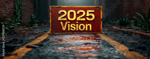 Urban scene showcasing a sign that reads 2025 Vision set against a backdrop of a rain soaked street, hinting at future aspirations and reflections