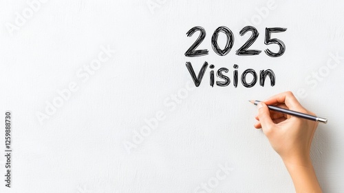 Hand writes 2025 Vision on a blank wall, symbolizing future planning focused mindset and life goals strategy