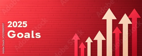 Strategic roadmap chart labeled 2025 Goals with arrows pointing toward success, arrows against a red background, symbolizing growth and goals for the year 2025