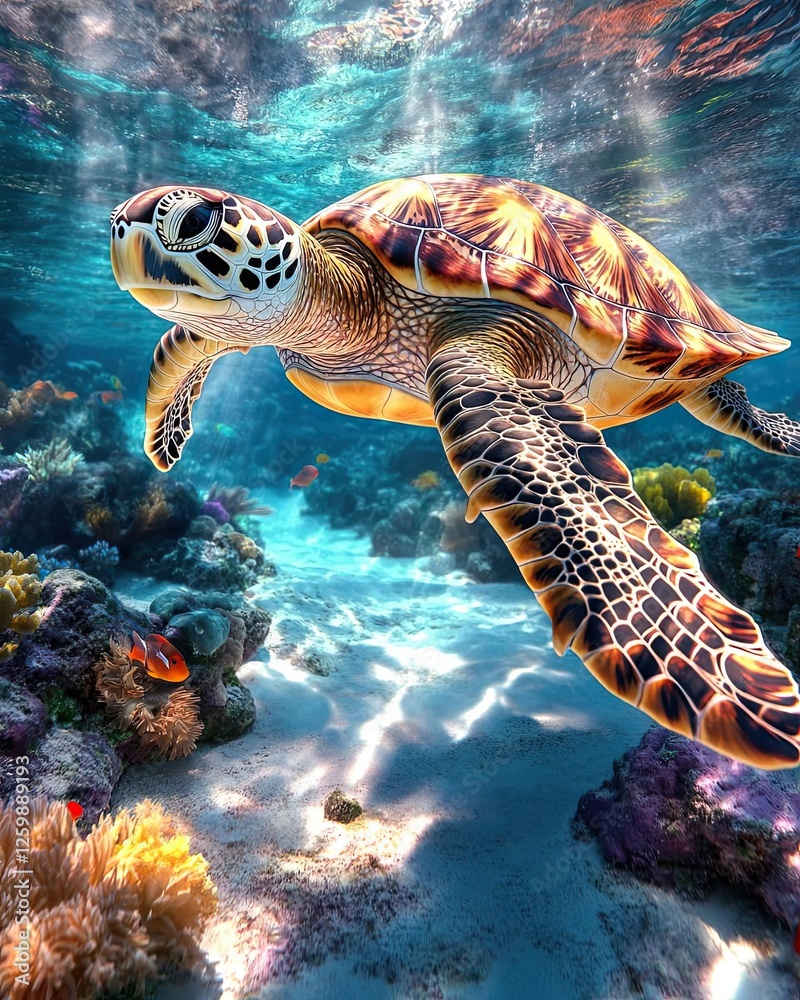 Fototapeta premium A cinematic panoramic depiction of a turtle swimming in glowing clear waters, with coral reefs, colorful fish, and a serene ocean floor stretching endlessly