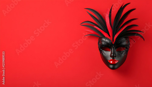 Ornate black mask with feathers for masquerade ball celebration on red background photo