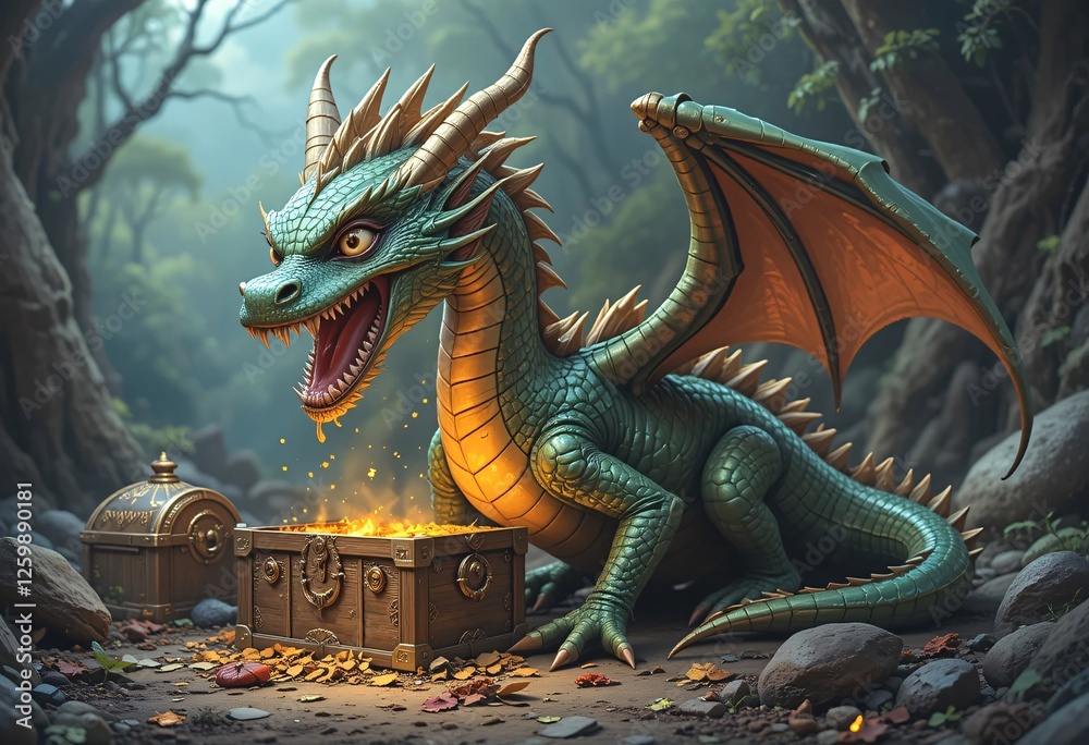Fototapeta premium Cute Dragon Discovering Treasure Chest in a Forest. A whimsical 3D rendered image of a small adorable dragon with vibrant green scales and gold accents discovering a treasure chest filled