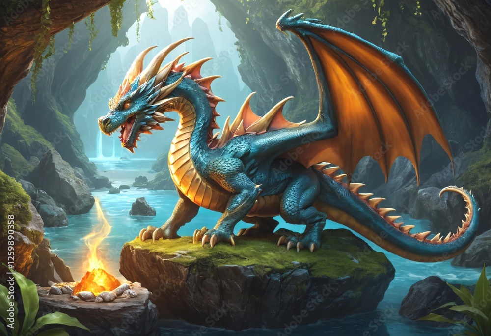 Fototapeta premium Majestic Dragon Awaits in Enchanting Cave Setting. A magnificent teal and gold dragon with intricate details and large outstretched wings rests on a rocky outcrop beside a tranquil stream