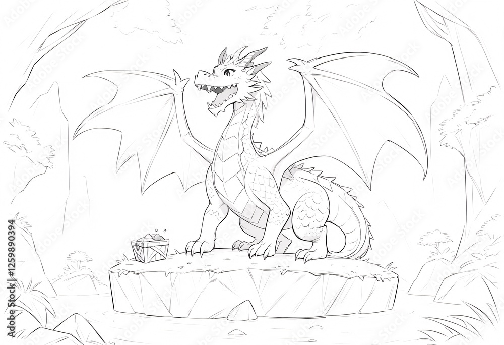 Obraz premium Cute Dragon with Treasure in a Forest Sketch. A whimsical hand-drawn sketch of a small friendly dragon perched on a rocky outcrop overlooking a tranquil forest stream
