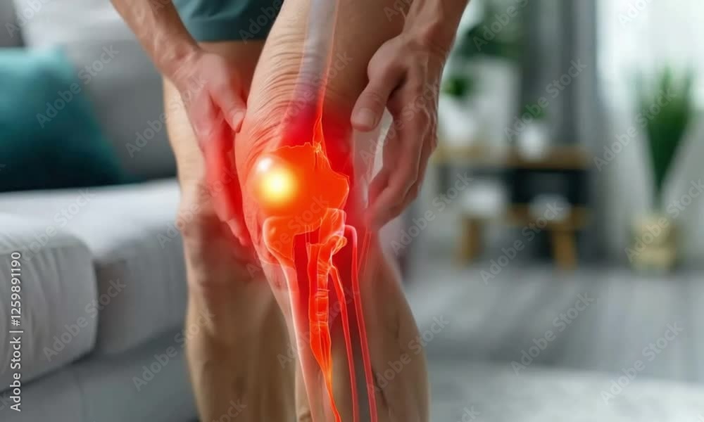 elderly man experiencing discomfort due to knee injury or arthritis. Augmented reality knee pain highlighted in red