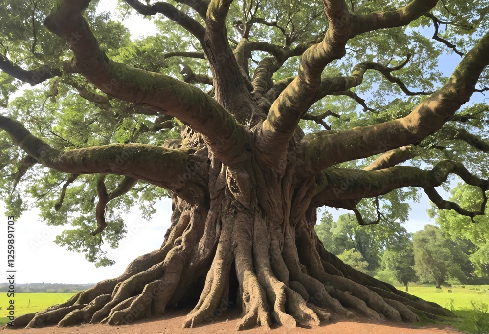 Fototapeta premium Majestic Old Tree with Extensive Roots in a Lush Landscape. A breathtaking view of a towering ancient tree with a vast gnarled trunk and spreading branches laden with lush green foliage