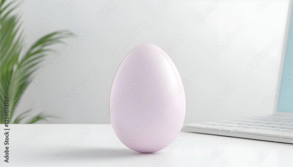 Fototapeta premium Single pastel egg stands on a desk with laptop and plant for product mockups
