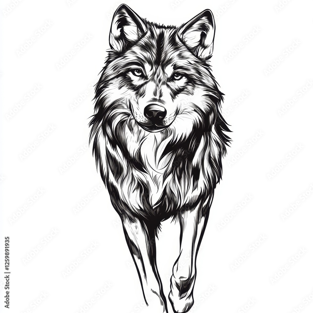 Naklejka premium a black and white drawing of a wolf on a white background The wolf is depicted in a realistic style, with its fur and features clearly visible Its eyes are wide a
