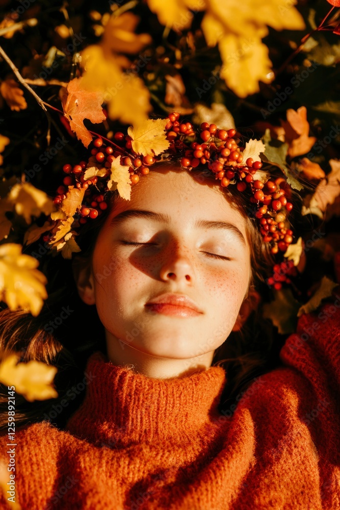 Girl lying among autumn leaves wears a wreath. Fall scene, sunlight, relaxation Girl lying among autumn leaves wears a wreath. Fall scene, sunlight, relaxation