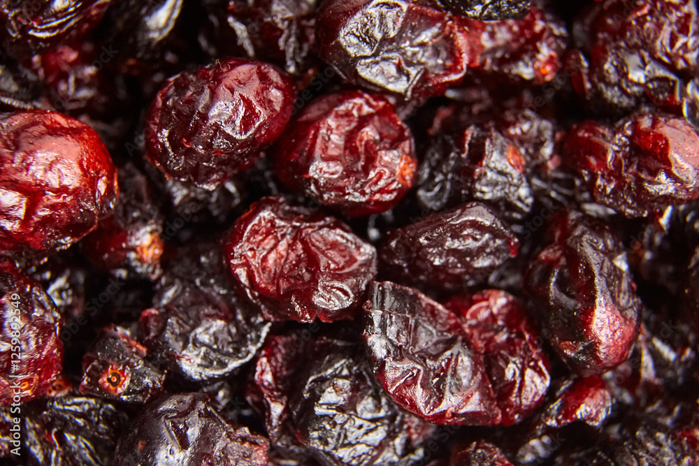 Detailed close-up of dried cranberries with rich red hues, wrinkled texture, and glossy finish, perfect for food, snack, or nutrition visuals Detailed close-up of dried cranberries with rich red hues, wrinkled texture, and glossy finish, perfect for food, snack, or nutrition visuals