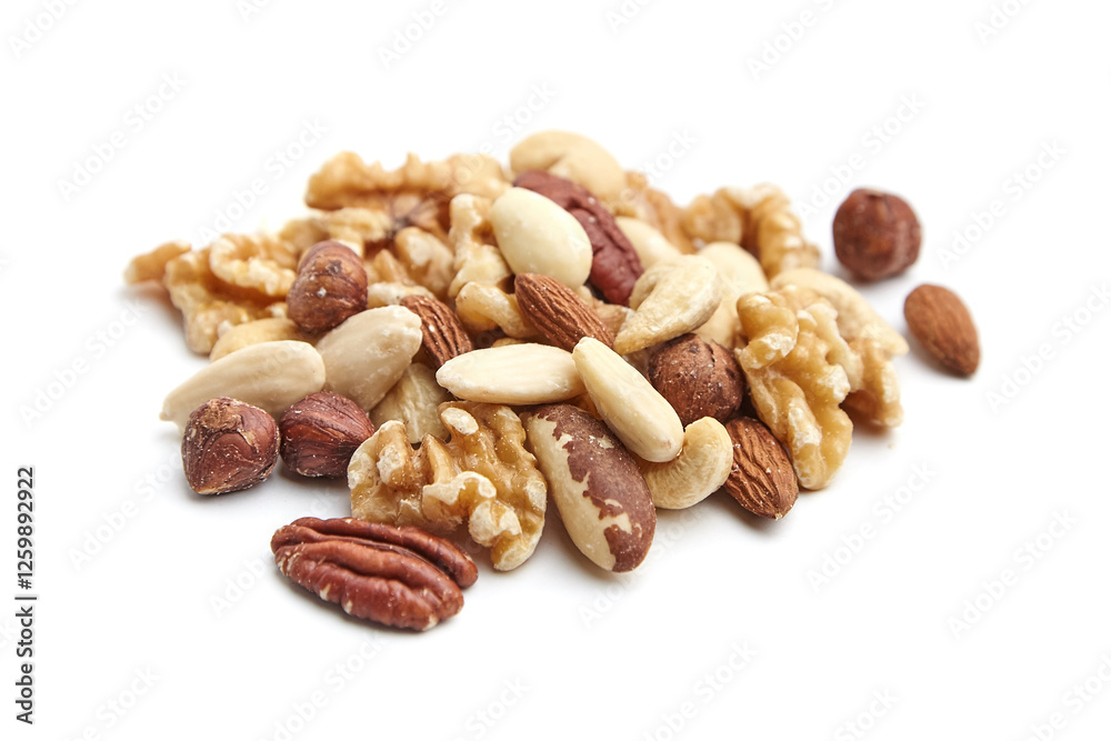 A mix of nuts, including walnuts, pecans, hazelnuts, almonds, cashews, and Brazil nuts, arranged on a white background, emphasizing variety and textures A mix of nuts, including walnuts, pecans, hazelnuts, almonds, cashews, and Brazil nuts, arranged on a white background, emphasizing variety and textures