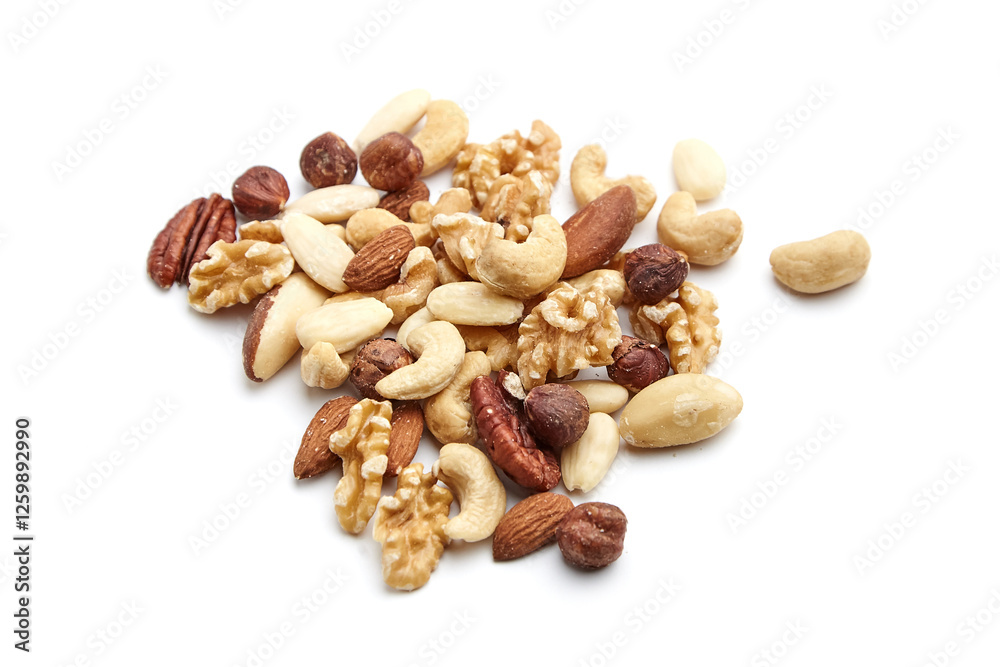 A scattered assortment of mixed nuts, including walnuts, cashews, almonds, hazelnuts, pecans, and Brazil nuts, displayed on a white background for clarity A scattered assortment of mixed nuts, including walnuts, cashews, almonds, hazelnuts, pecans, and Brazil nuts, displayed on a white background for clarity