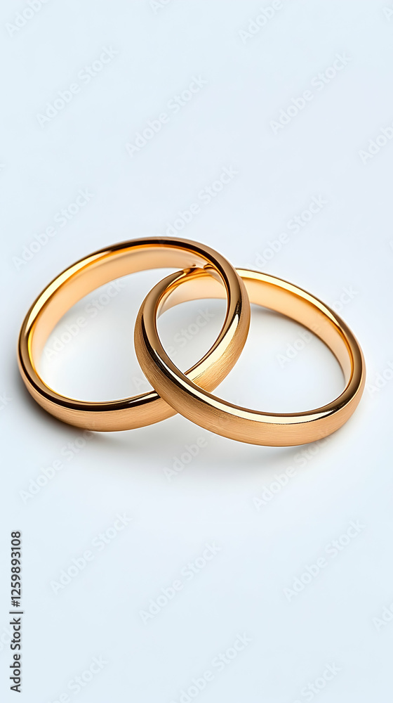 Two gold wedding rings linked on a white background, celebrating marriage. Use wedding Two gold wedding rings linked on a white background, celebrating marriage. Use wedding
