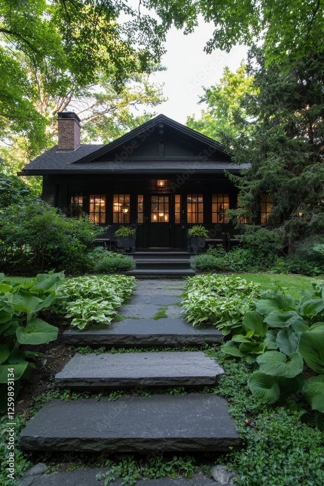Cozy house nestled amongst trees, creating a relaxing and inviting atmosphere Cozy house nestled amongst trees, creating a relaxing and inviting atmosphere