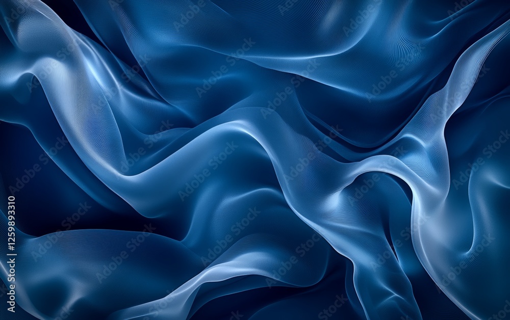 Obraz premium Deep blue flowing fabric folds, dark background. Use fashion, design, background