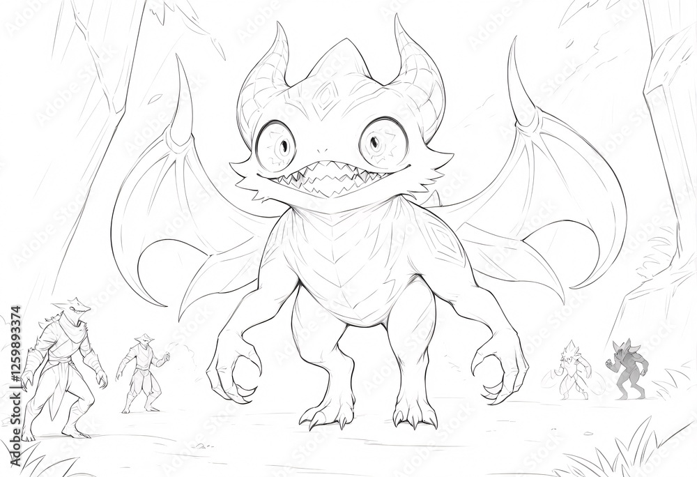 Obraz premium A menacing baby dragon sketch in a jungle setting. A detailed line art sketch of a large baby dragon with exaggerated features posing menacingly amidst a jungle environment