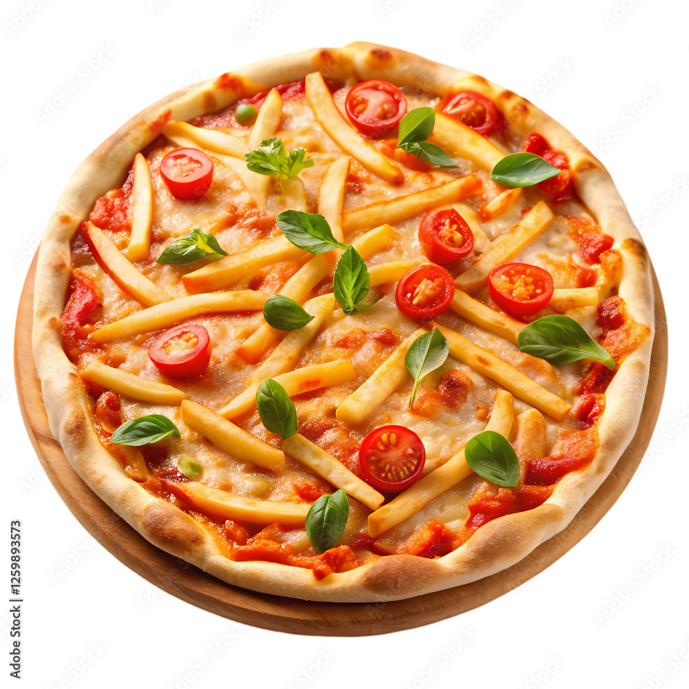 Delicious french fries pizza with tomatoes and basil hot red food meal on transparent background Delicious french fries pizza with tomatoes and basil hot red food meal on transparent background