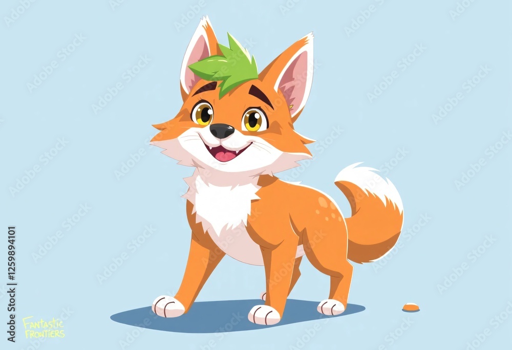 Obraz premium Adorable Cartoon Fox Character Poses Against a Light Blue Background. A cheerful cartoon fox character likely from a children's book or animation stands against a pale blue backdrop
